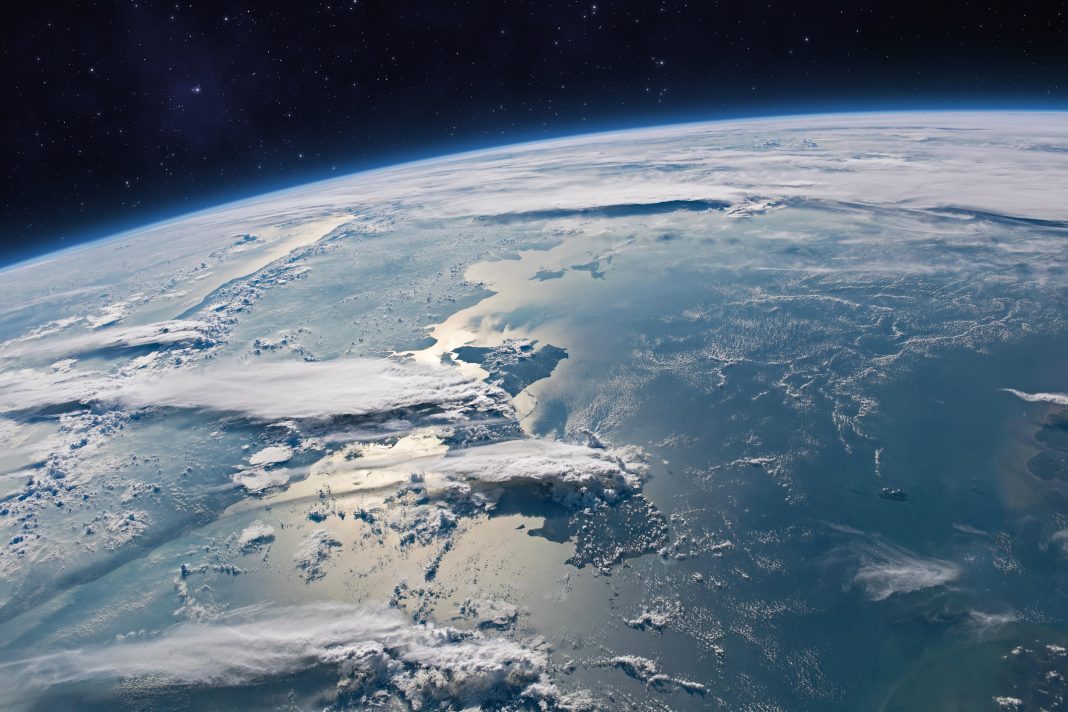Space. Blue planet Earth with ocean, clouds and continents in open space on the starry sky. Surface of planet Earth. Concept on the theme of Earth Day. This image elements furnished by NASA. ______ Url(s): https://visibleearth.nasa.gov/images/149044/cloudscapes-over-sumatra Adobe Photoshop CC 2023. Knoll light factory. Adobe After Effects CC 2021.