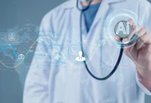 Innovative AI healthcare concept with a doctor holding a stethoscope, digital icons, and futuristic technology background. Perfect for medical and tech visuals.