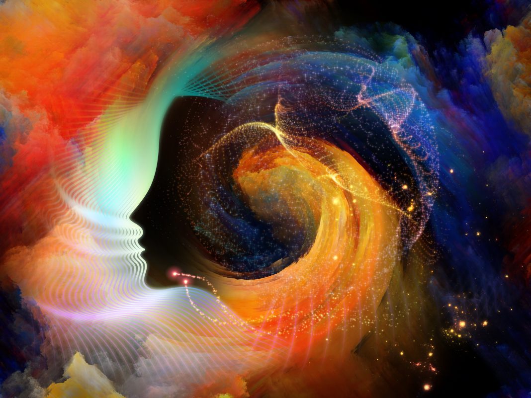 Geometry of the Soul series two. Arrangement of human profile and abstract elements on the subject of spirituality, science, creativity and human mind