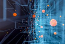 Background of glowing abstract lines and spheres.