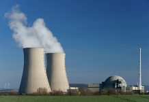 Nuclear power station Grohnde with steaming cooling towers