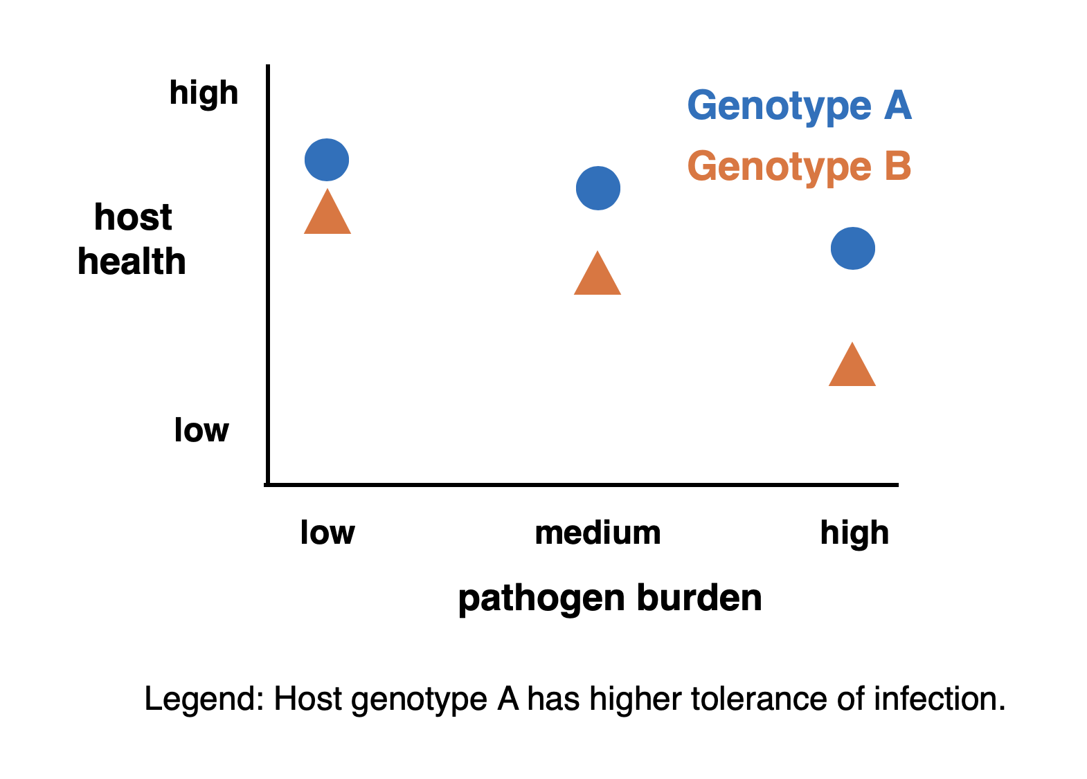Legend: Host genotype A has higher tolerance of infection.