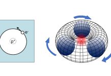 Figure 1: Rotating Lepton Models in Chemistry (Hydrogen atom, left) and in Physics (three gravitationally attracted relativistic neutrinos rotating around a positron and forming the proton, right).
