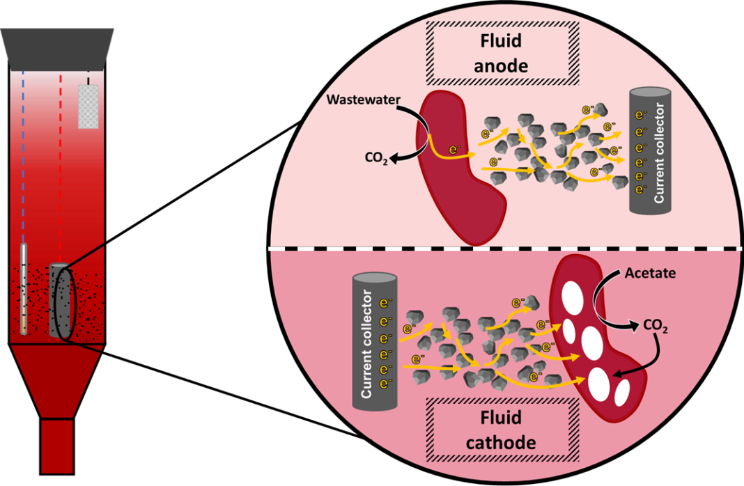 Figure 1. Microbial electrochemical fluidized bed reactor under anodic and cathodic conditions to stimulate wastewater removal and PHB production, respectively.