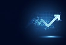 Futuristic raise arrow chart digital transformation abstract technology background. Big data and business growth currency stock and investment economy . Vector illustration