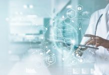 Medicine doctor touching electronic medical record on tablet. DNA. Digital healthcare and network connection on hologram modern virtual screen interface, medical technology and futuristic concept.