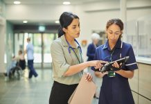 hospital colleagues checking medical records database