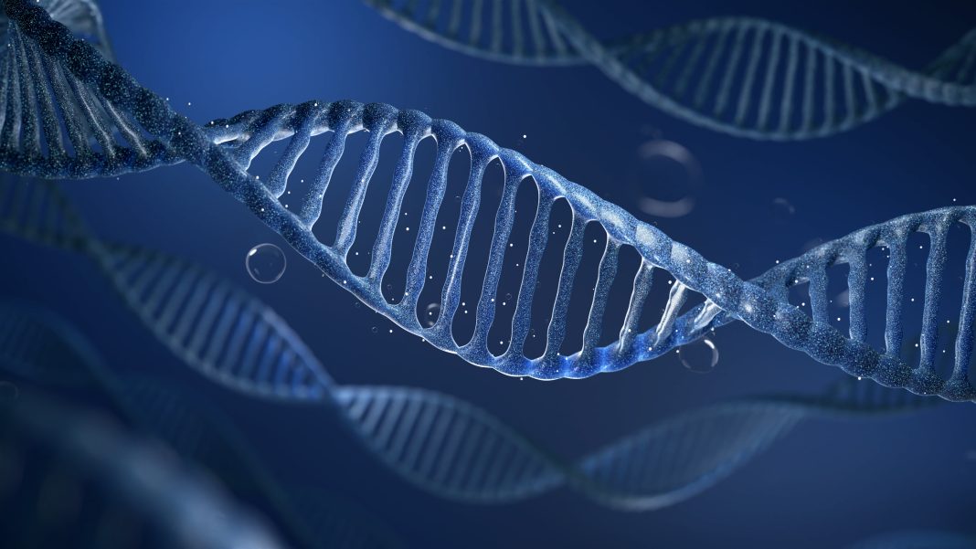 DNA with bubble on dark blue background metaphor biotechnology, stem cell and human longevity. 3D rendering