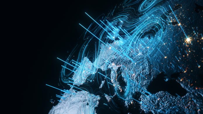 Data Patterns Emerging Over Europe - Dark, Blue - Analyzing Global Data Flow, Business, Technology