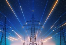 3D Render Of Power Transmission Lines with 3D Digital Visualization of Electricity. Fantastic Visuals of Night Sky Full of Bright Stars. Concept of Renewable Green Energy Powering Human Progress.
