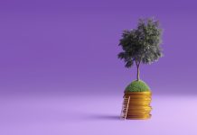 Tree growing on golden coins and ladder to financial growth, symbolizing green finance and ESG concepts. (3d render)
