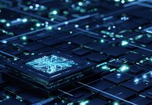 Futuristic central processor unit on the abstract motherboard with blue lights and rays as symbol of data transfers. Quantum computing.