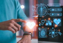 Man using smart watch to record exercise data and health record Relieve stress, relax muscles, practice breathing, exercise, meditate