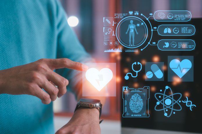 Man using smart watch to record exercise data and health record Relieve stress, relax muscles, practice breathing, exercise, meditate