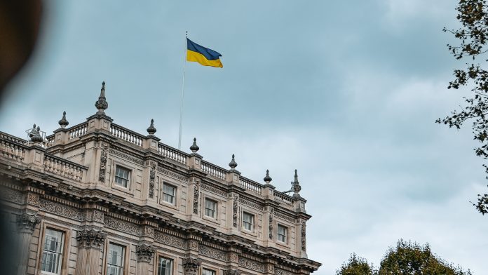 Ukrainian flag on a building in London