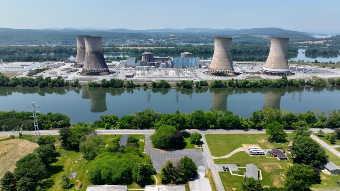3 Mile Island nuclear power station and electric power stations on Susquehanna River near Harrisburg Pennsylvania