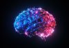3d render Blue Red Illuminated Metallic Wireframe Glowing Human Brain on Black Background, Artificial Intelligence Concept