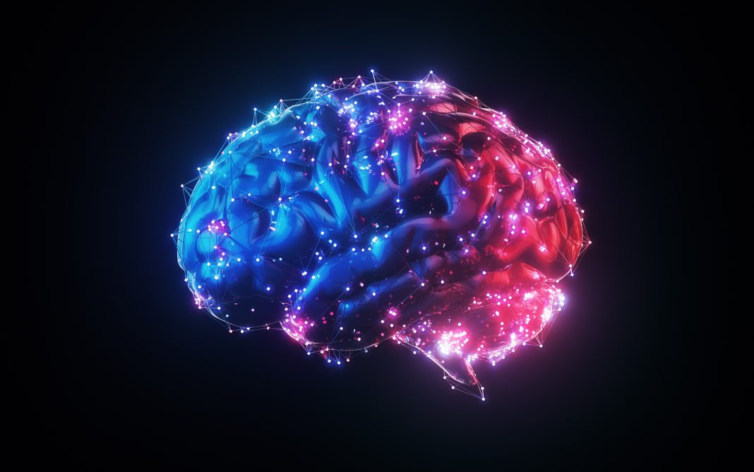 3d render Blue Red Illuminated Metallic Wireframe Glowing Human Brain on Black Background, Artificial Intelligence Concept