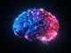 3d render Blue Red Illuminated Metallic Wireframe Glowing Human Brain on Black Background, Artificial Intelligence Concept