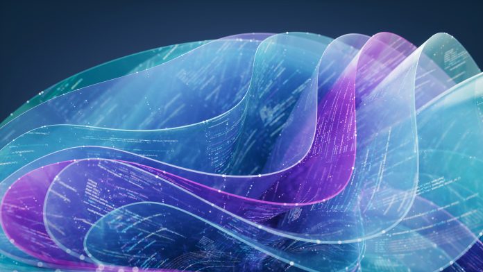 Abstract flowing layers with integrated code represent an AI coding assistant interface. Design reflects a "vibecoding" aesthetic with cool tones.