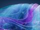 Abstract flowing layers with integrated code represent an AI coding assistant interface. Design reflects a "vibecoding" aesthetic with cool tones.