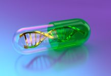 A Futuristic 3D Illustration depicting a DNA double helix, in Gold - Metal and Green Color, encapsulated within a transparent Capsule - Medicine. This Modern Conceptual Symbol represents advancements in Healthcare And Medicine, particularly Biotechnology, Genetic Modification, and gene therapy. The Glowing Molecular Structure inside the Pill signifies Innovation in Medical Research and the Hope - Concept for targeted treatments. The Abstract Backgrounds in shades of Blue and purple enhance its Science and Technology aesthetic.