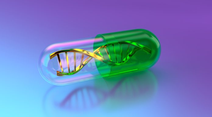 A Futuristic 3D Illustration depicting a DNA double helix, in Gold - Metal and Green Color, encapsulated within a transparent Capsule - Medicine. This Modern Conceptual Symbol represents advancements in Healthcare And Medicine, particularly Biotechnology, Genetic Modification, and gene therapy. The Glowing Molecular Structure inside the Pill signifies Innovation in Medical Research and the Hope - Concept for targeted treatments. The Abstract Backgrounds in shades of Blue and purple enhance its Science and Technology aesthetic.