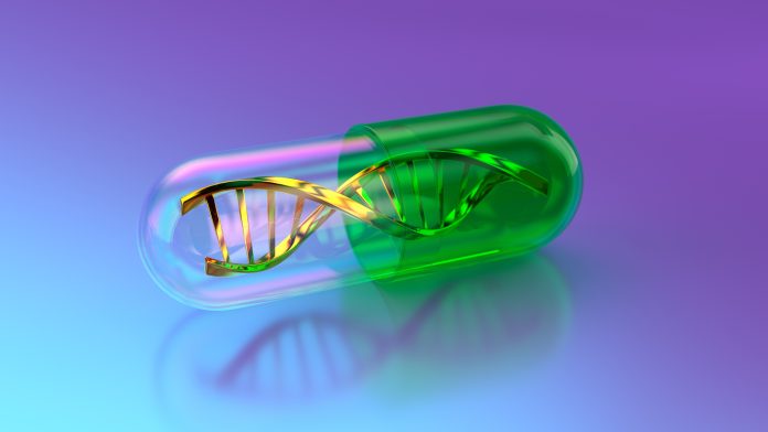 A Futuristic 3D Illustration depicting a DNA double helix, in Gold - Metal and Green Color, encapsulated within a transparent Capsule - Medicine. This Modern Conceptual Symbol represents advancements in Healthcare And Medicine, particularly Biotechnology, Genetic Modification, and gene therapy. The Glowing Molecular Structure inside the Pill signifies Innovation in Medical Research and the Hope - Concept for targeted treatments. The Abstract Backgrounds in shades of Blue and purple enhance its Science and Technology aesthetic.