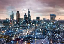 City of London at sunset. Illustration with communication and business icons, network connections concept.