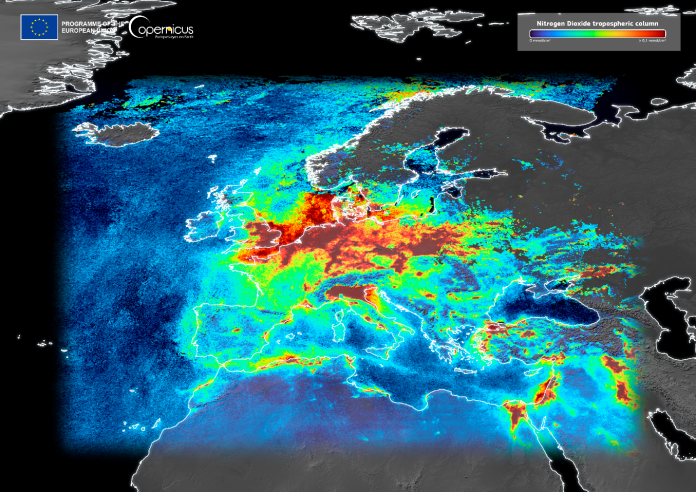 This image is an artistic preview of what Sentinel-4 might reveal once it becomes operational, drawing on actual NO₂ measurements from the Sentinel-5P satellite.
