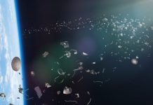 artist's interpretation of space trash objects circling planet Earth