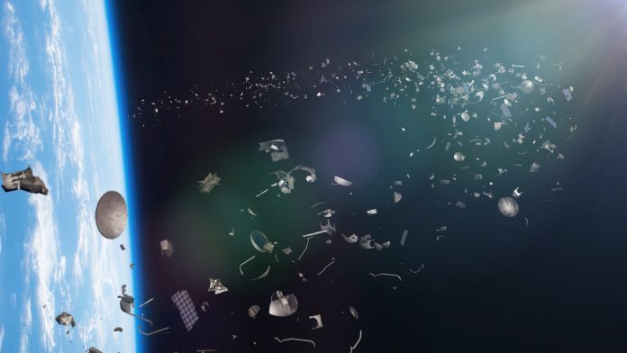 artist's interpretation of space trash objects circling planet Earth