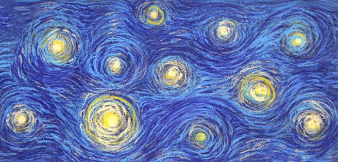 Glowing stars on a blue sky abstract background in the style of impressionist paintings