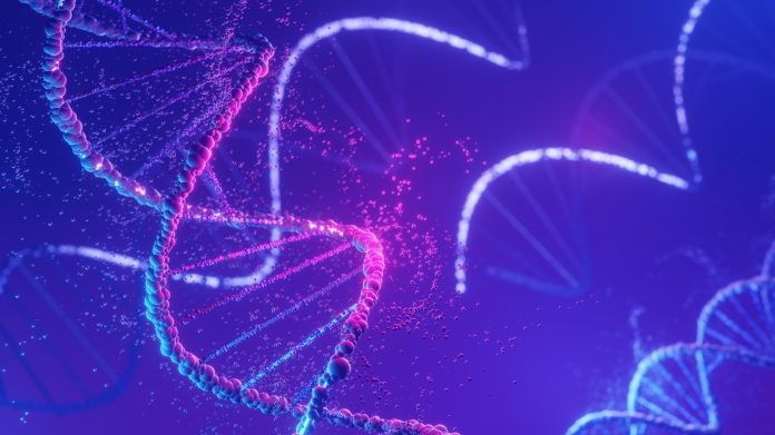 DNA spiral structure. DNA Helix complementary strand of Sequences genetic code or genome. Gene expression. nucleotide database. The Central Dogma process of transcription and translation. 3D Render.