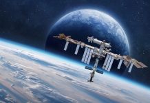 International Space station on orbit of Earth. Space wallpaper with ISS and planet surface. Astronauts in space. Elements of this image furnished by NASA