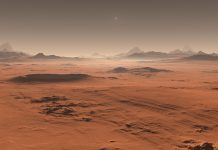 Sunset on Mars. Martian landscape. 3D illustration