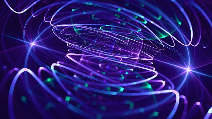 Spiral Swirl Neon Pixel Wave Pattern Abstract 5G Exploding Fiber Optic Funnel Technology Background Colorful Futuristic Flash Navy Blue Purple Teal Orbiting Glowing Network Server Quantum Computing Physics Data Cryptocurrency Mining Surreal Fractal Art
