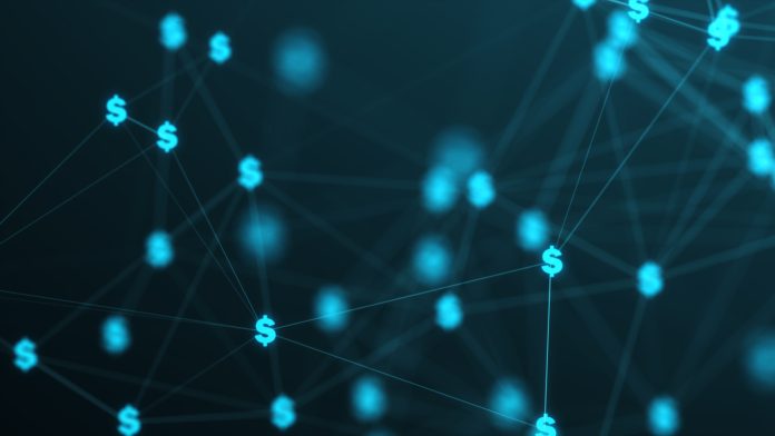 Fintech concept, dollar icons connecting in plexus, finance and economy
