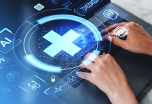 Woman hands typing in laptop, glowing medical icons and AI diagnosis