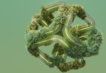 This image features a complex, geometric structure resembling interconnected tubular or pipe-like forms, with lush green moss-like vegetation growing along its surface. The structure could represent an AI-driven entity that integrates with nature, using its digital intelligence (metal grid) to enhance natural ecosystems (moss). This hybrid model suggests a future where AI enhances organic growth and environmental management.