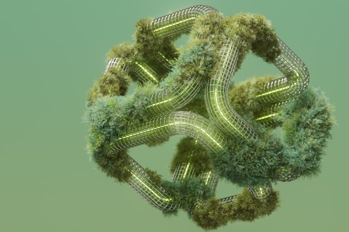 This image features a complex, geometric structure resembling interconnected tubular or pipe-like forms, with lush green moss-like vegetation growing along its surface. The structure could represent an AI-driven entity that integrates with nature, using its digital intelligence (metal grid) to enhance natural ecosystems (moss). This hybrid model suggests a future where AI enhances organic growth and environmental management.