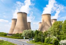 Aerial landscape view of Drax Power Station with pollution emissions