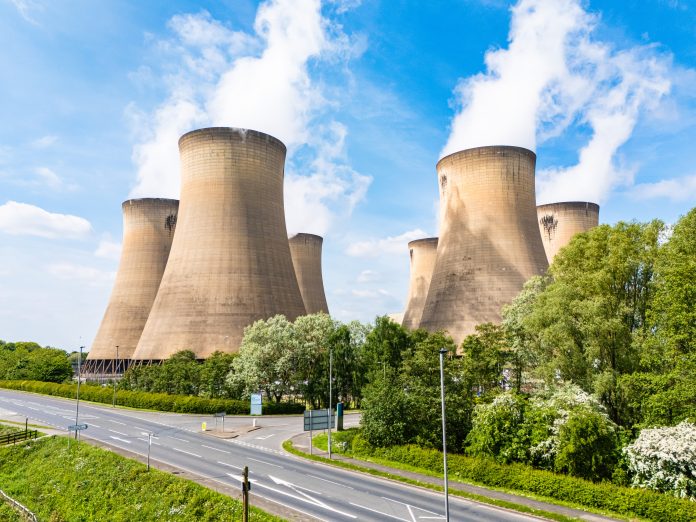 Aerial landscape view of Drax Power Station with pollution emissions