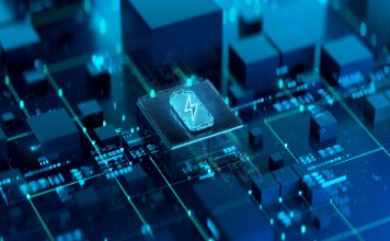 Power efficiency and charging core. Battery ultra fast charging and efficiency concept futuristic background. Futuristic battery icon in world of technological progress and innovation