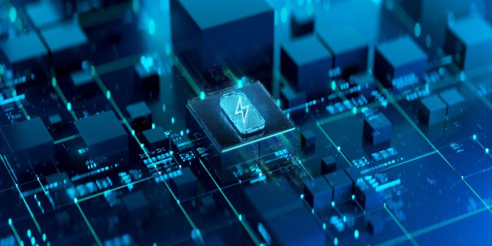 Power efficiency and charging core. Battery ultra fast charging and efficiency concept futuristic background. Futuristic battery icon in world of technological progress and innovation