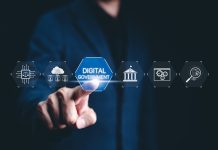 Digital government and e-governance concept. Businessman interact with interface Digital government, data management, technology-driven public services, security infrastructure, online administration,