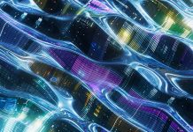 Abstract representation of dynamic digital data streams in vibrant blue and purple hues, capturing artificial intelligence concepts with intricate patterns and complex technological networks