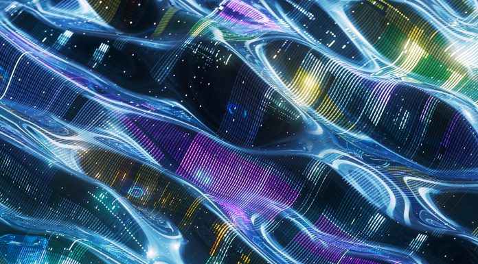Abstract representation of dynamic digital data streams in vibrant blue and purple hues, capturing artificial intelligence concepts with intricate patterns and complex technological networks