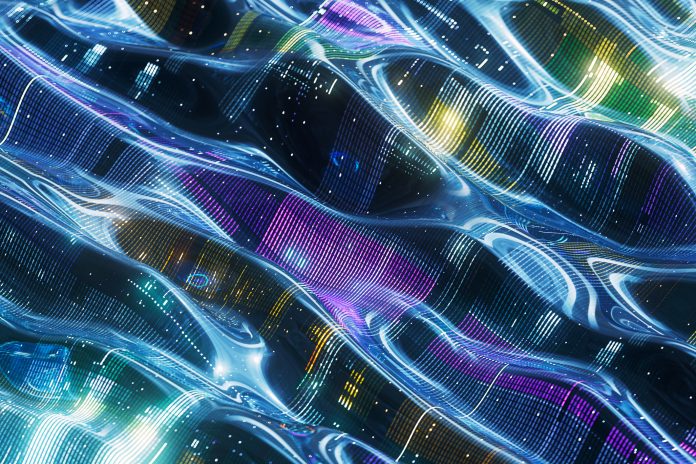 Abstract representation of dynamic digital data streams in vibrant blue and purple hues, capturing artificial intelligence concepts with intricate patterns and complex technological networks