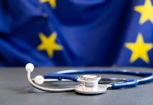 stethoscope with European Union flag. Concept of the health of Europe. Stethoscope over European Flag